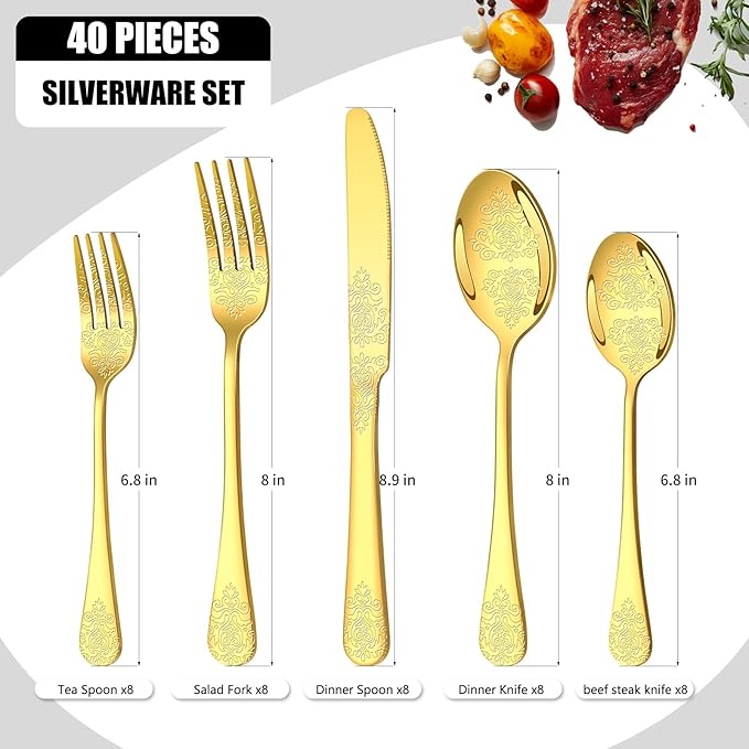 40 Pcs Gold Silverware Set for 8 with Classical Flower Embossed Design, Food Grade Stainless Steel Flatware Set, Eating Utensils Sets Include Fork/Knife/Spoon, Cutlery Set, Dishwasher Safe