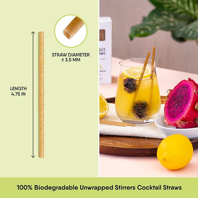 The Veggie Straws – 150 PCS of 4.75 Inches Unwrapped Biodegradable Drink Stirrers – Made of Vegetable Fibers, Best Cocktail Stirrers for Drinks of All Kinds