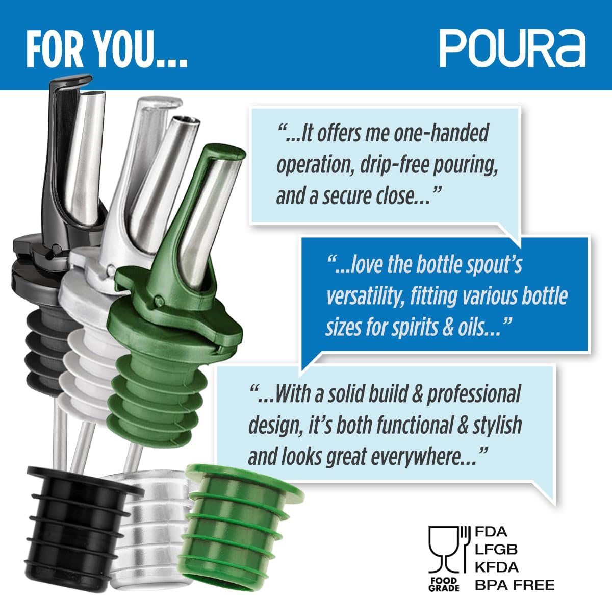 3-in-1 Liquor Bottle Pour Spouts with Built-in Fruit Fly Protection - Dishwasher Safe Hygienic Alcohol Pour Spouts - Also for Olive Oil, Juice, Syrup - Silver 2 Pack with 2 Adapters for Large Bottles
