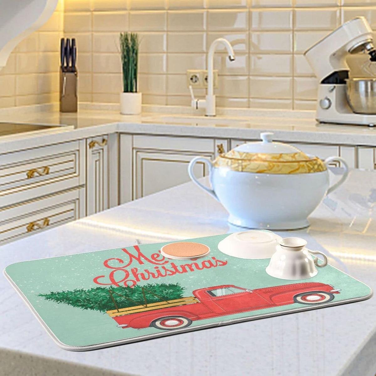 senya Super Absorbent Dish Drying Mat, Microfiber Fast-Drying Dish Mat, 16''x18'', Kitchen Dish Drying Pad, Merry Christmas Happy New Year Postcard