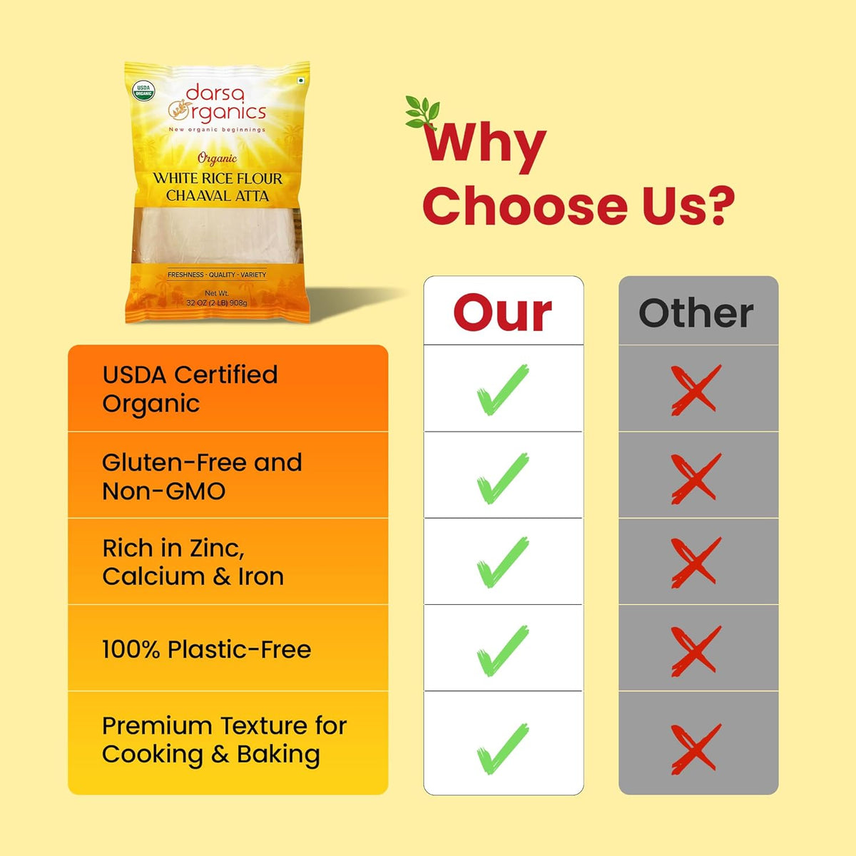 Darsa Organics White Rice Flour - Premium Organic, USDA Certified, Non-GMO, Gluten-Free Rice Powder for Baking & Cooking, Chemical-Free, Long Shelf Life, Food Grade Pouch - 2 lb (908g)