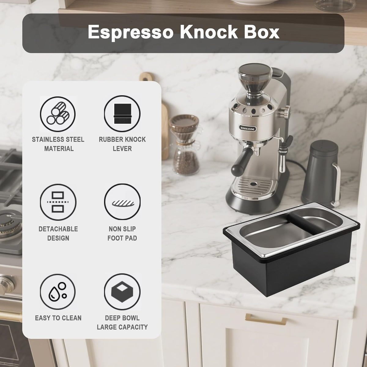 Espresso Knock Box, Coffee Knock Box for Espresso Grounds Disposal, Large Capacity, Equipped with Noise Reduction Rubber Ring & Steel Holder, Ideal Tool for Espresso Machines, Black (Large)