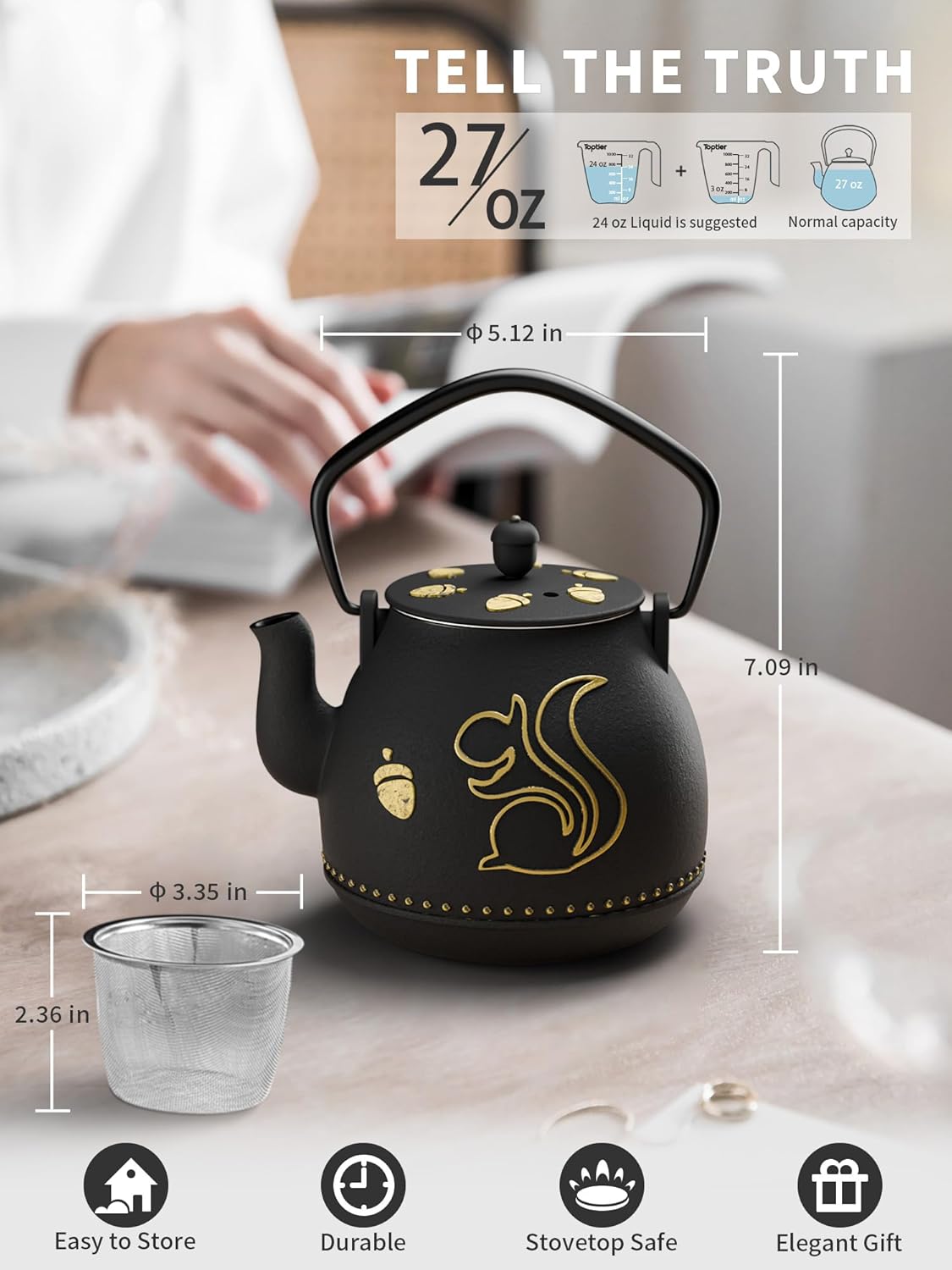 Toptier Teapot with Removable Infuser, Cast Iron Tea Kettle Stovetop Safe, Squirrel Design Tea Pot Coated with Enameled Interior for 32 Ounce (950 ml), Black