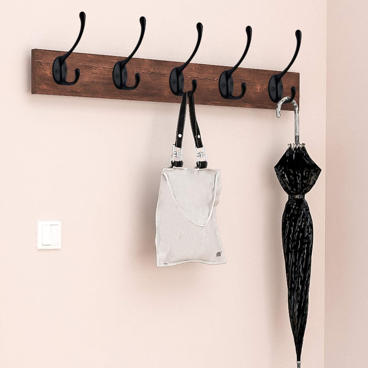 IBosins 10 Pack Heavy Duty Dual Coat Hooks Wall Mounted with 40 Screws Retro Double Hooks Utility Black No Rust Hooks for Coat, Scarf, Bag, Towel, Key, Cap, Cup, Hat (Black)