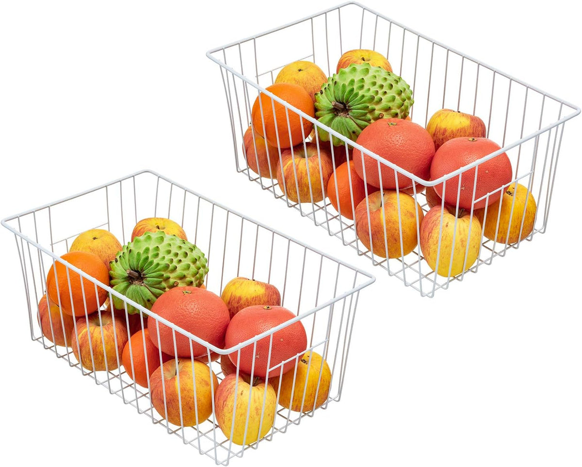 16Lx12Wx6H inch Wider Freezer Organizer Baskets Container, Refrigerator Metal Wire Storage Bins with Handles for Kitchen, Pantry, Cabinet, Closets - Pearl White(3 Packs)