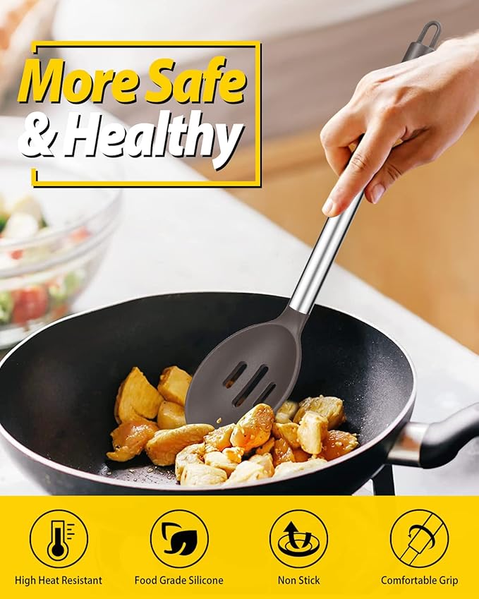 Pack of 2 Large Silicone Cooking Spoons,Non Stick Solid Basting Spoon,Heat-Resistant Kitchen Utensils for Mixing,Serving,Draining,Stirring (CHOCOLATE)