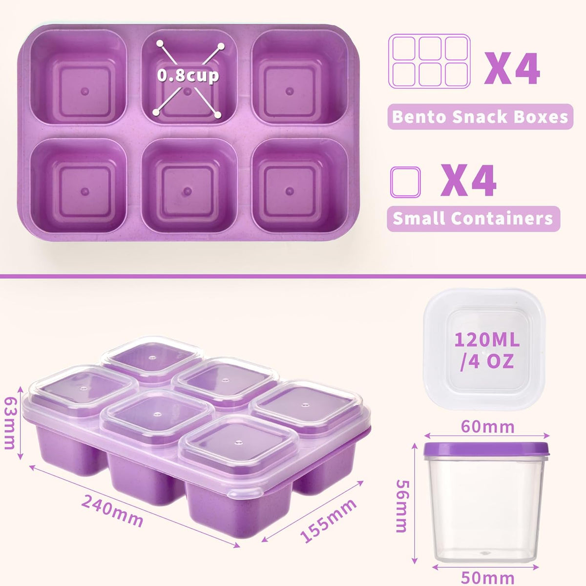 4-Pack Leakproof Bento Box & Snack Containers for Kids & Adults | 6-Compartment with 4 Sauce Cups | Ideal for School, Office, Picnic & Travel (38oz/1100ml) (Pink/Blue/Purple/Green)