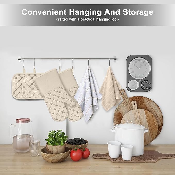Oven Mitts Kitchen Towels Dishcloths with Pot Holders Sets 12PCS, Dish Towels Sets, Oven Gloves Pot Pads Heat Resistant 500 Degrees with Non-Slip Silicone Surface for Cooking Baking Grilling-Milkshake