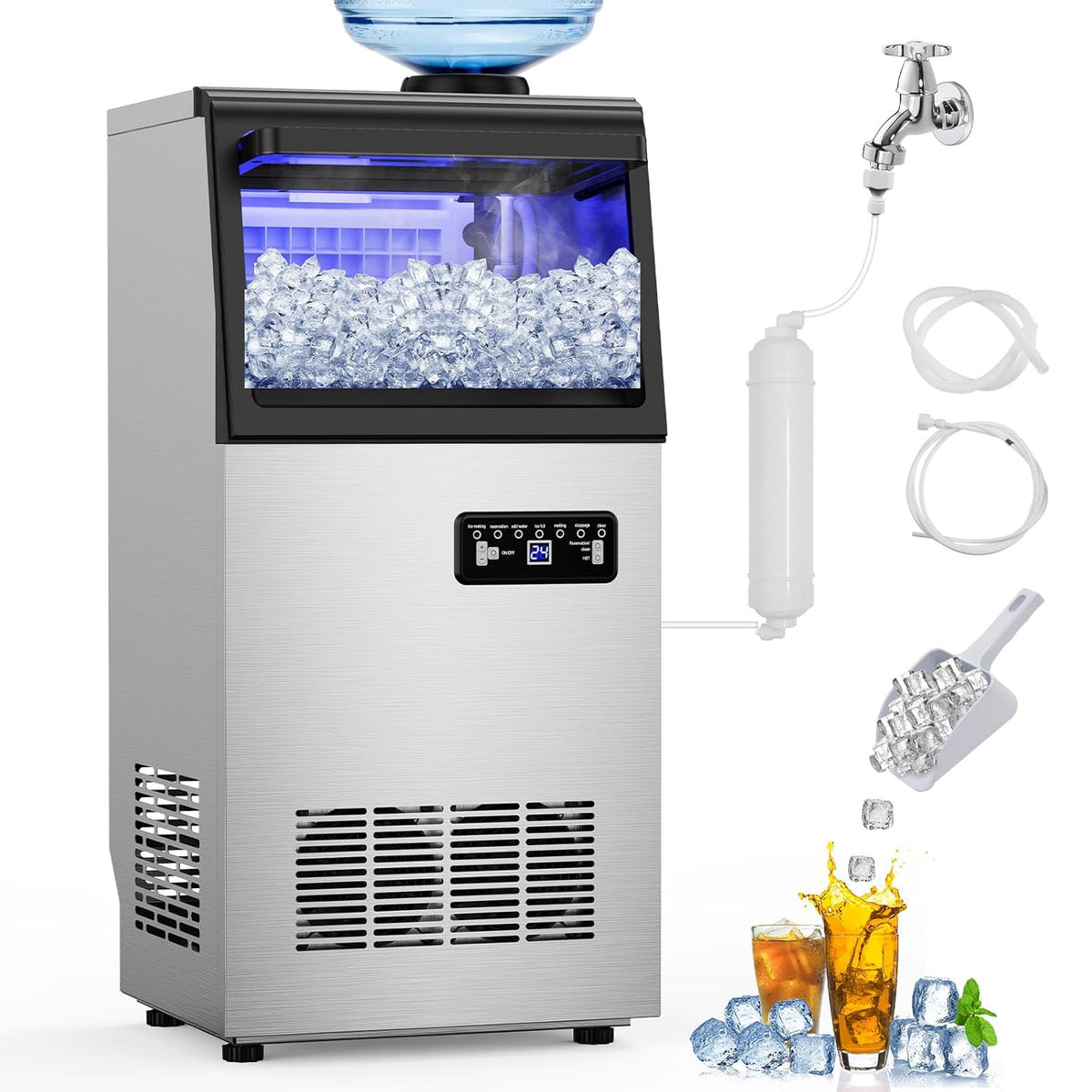 Commercial Ice Maker Machine 120 LBS/24H, 40 Ice Trays Freestanding & Undercounter Ice Machine Stainless Steel with 20 LBS Ice Storage Capacity, Ice Maker with Water Line and Filter, Dual Water Inlet