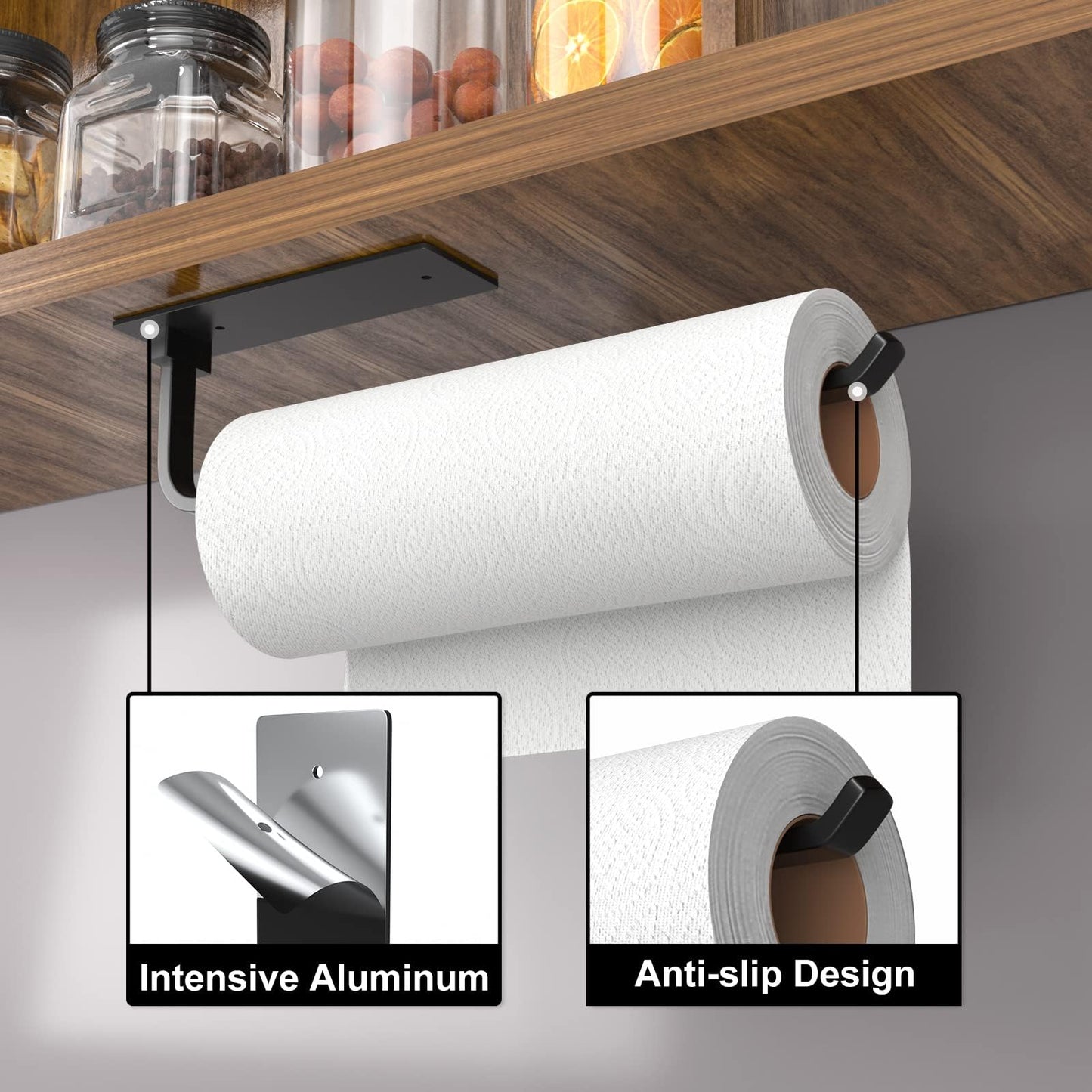 Paper Towel Holder Under Cabinet, Self-Adhesive or Drilling, Matte Black