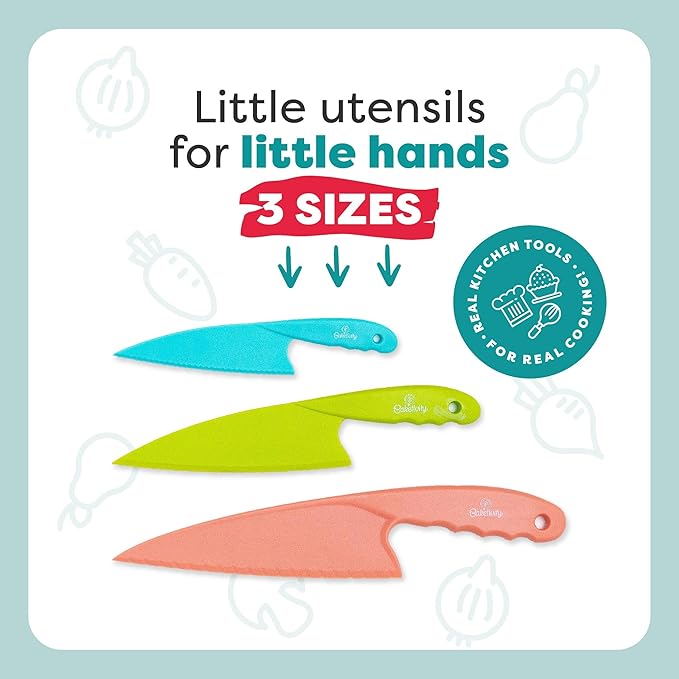 Baketivity 3 Piece Kids Knife Set | Plastic Kids Safe Knives for Kitchen | Toddler Knife Set for Real Cooking | Dishwasher Safe, Kid Friendly Safe Knives Set for Cutting Fruits, Veggies, Cakes