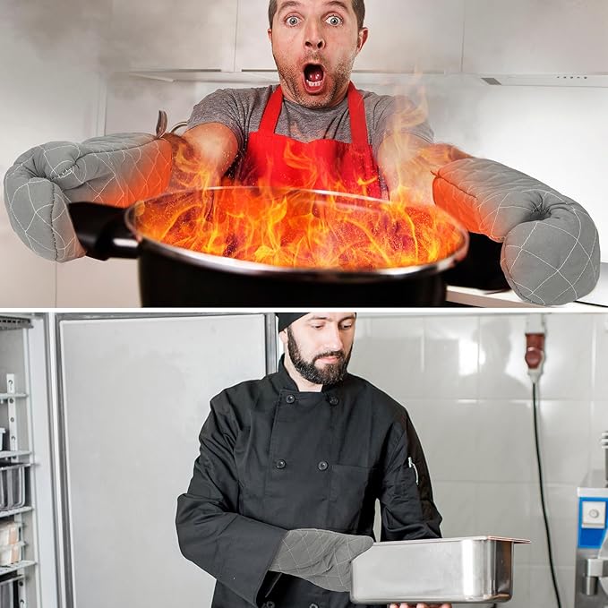 2 Pairs 17 Inch Extra Long Oven Mitts Heat Resistant Cotton Lining Oven Thick Gloves Kitchen Food Service Mittens for Pot Holders Cooking Baking BBQ, up to 482f (Grey)