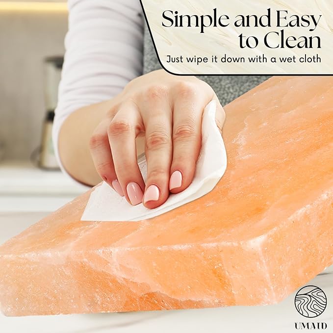 UMAID Himalayan Salt Block Cooking Plate 8x8x1.5 for Cooking, Grilling, Cutting and Serving, Food Grade Rock Salt Stone On Steel Tray with Recipe Pamphlet Unique Gifts for Men, Women, Dads & Cooks