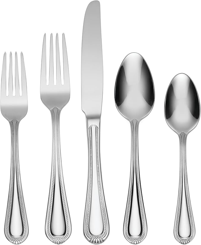 Oneida Silverware Set For 8, Countess 45-Piece Everyday Flatware Set with Serving Utensils, Service For 8, Bead Pearl, 18/0 Stainless Steel, Dishwasher Safe,Knives Spoons & Forks Set (Silver 45 Piece)