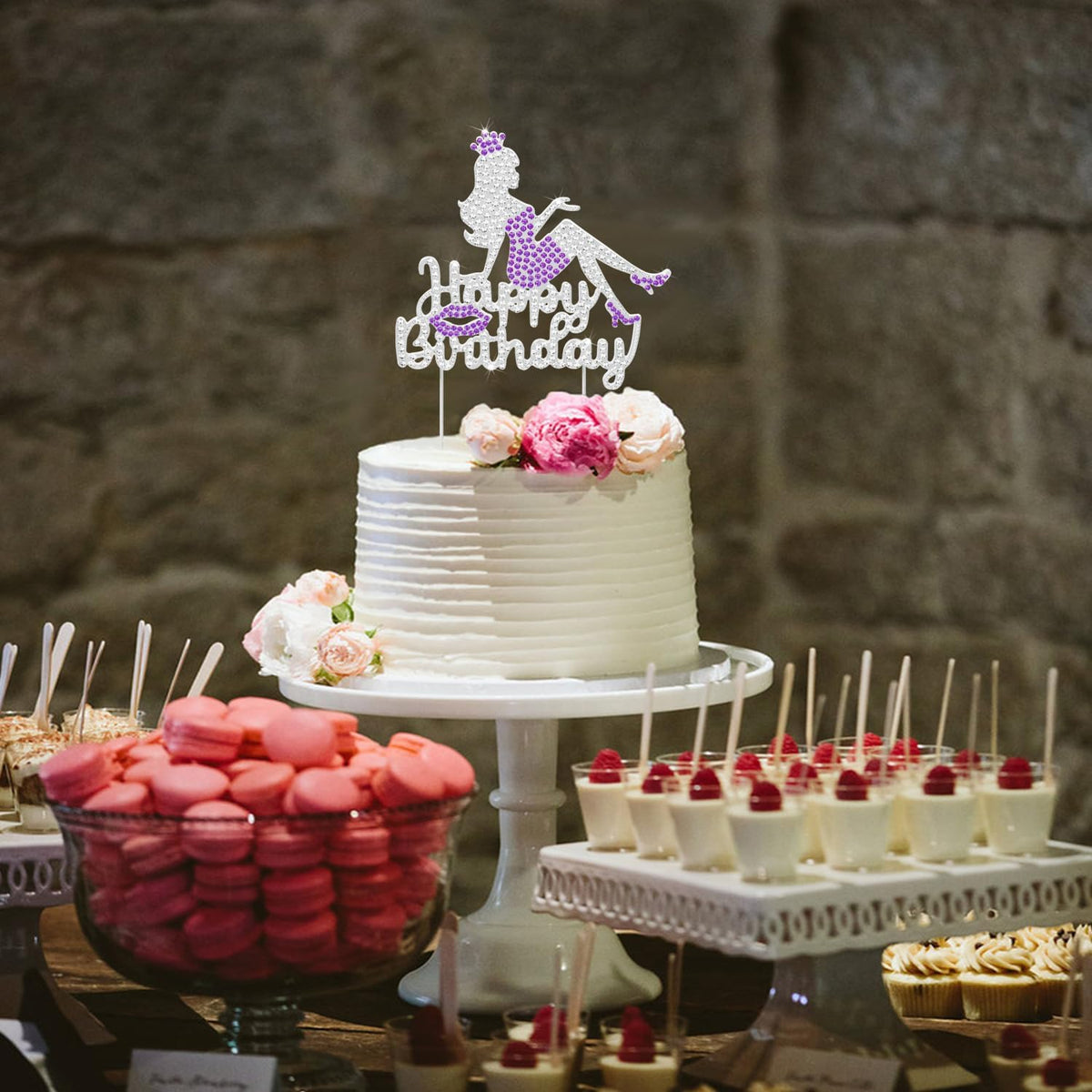 LINGTEER Happy Birthday Crown Queen Lady Rhinestone Cake Topper - Cheers to Makeup Spa Birthday Party Cake Centerpieces Decorations Gift Sign - Purple