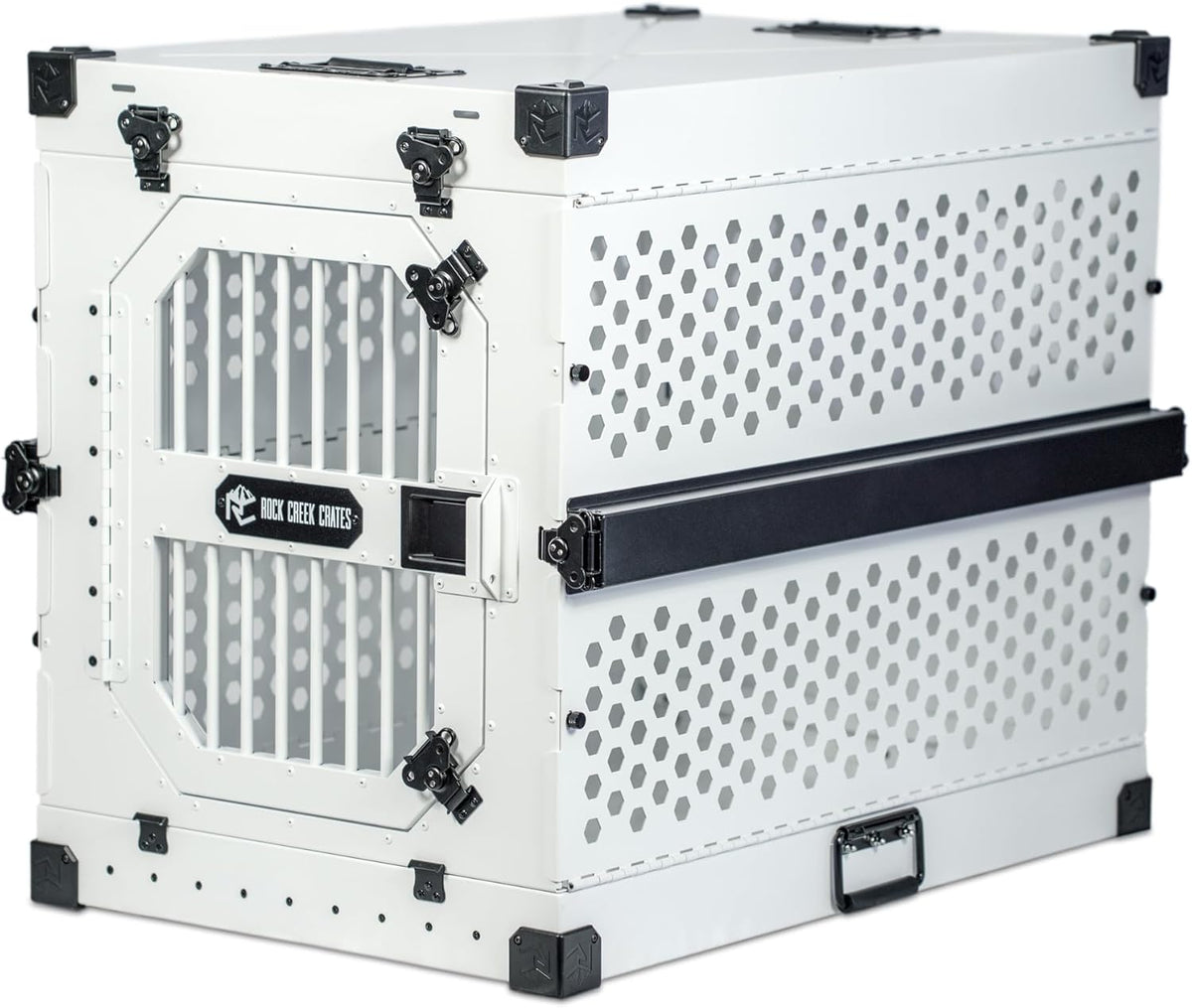 ROCK CREEK CRATES Collapsible Dog Crate: Meticulously Engineered, Durable Aluminum Construction, Non Slip Feet | 10 Year Warranty | Ideal for Indoor & Vehicle Use (White Snowfall, 30 Inch)