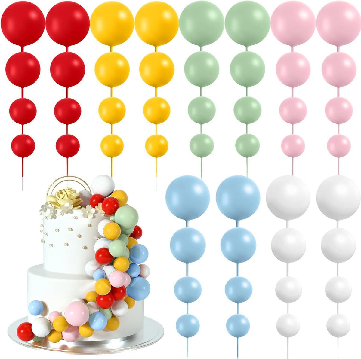 48 Pcs Balls Cake Topper Decorations Balloon Cupcake Toppers Foam Cake Topper Balls Cake Balls Decorations for Birthday Party Wedding Cake Decorating(Red,Yellow,Green,Pink,Blue,White)
