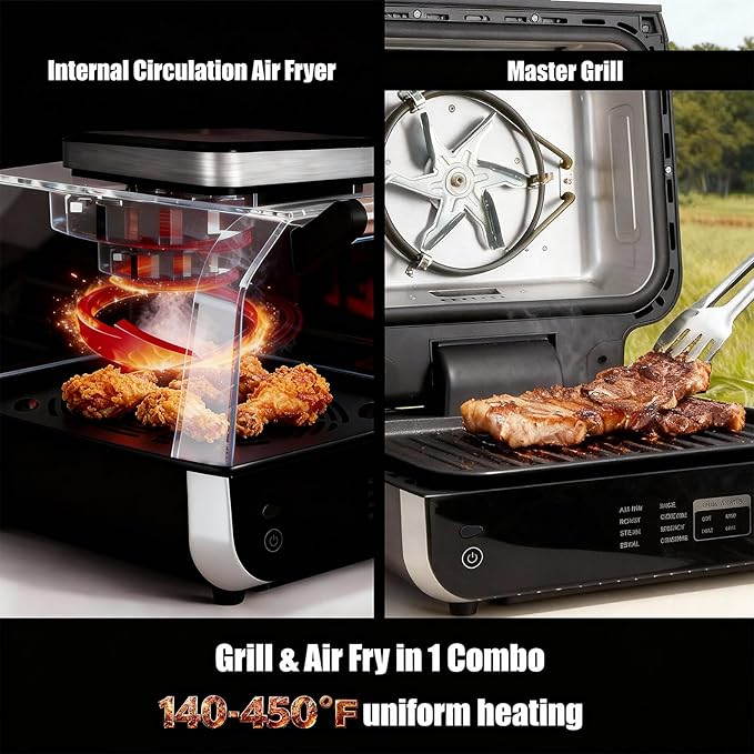 NEWBULIG Electric Grill Outdoor, Electric 8-in-1 BBQ Grills with Air Fryer, Roast, Steak, Broil, Bake, Vegetables, Reheat, Dehydrate, 140°F-450°F, 1550W, for Barbecue, Camping Gatherings