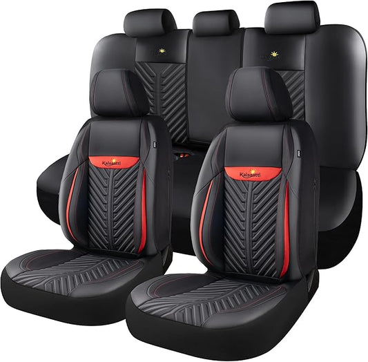 PU Leather Car Seat Covers Full Set – Waterproof seat Cover for Cars，3D Foam Support Automotive seat Covers ，Airbag Compatible, Universal Fit for Cars SUVs Trucks Sedans（Black/Red）