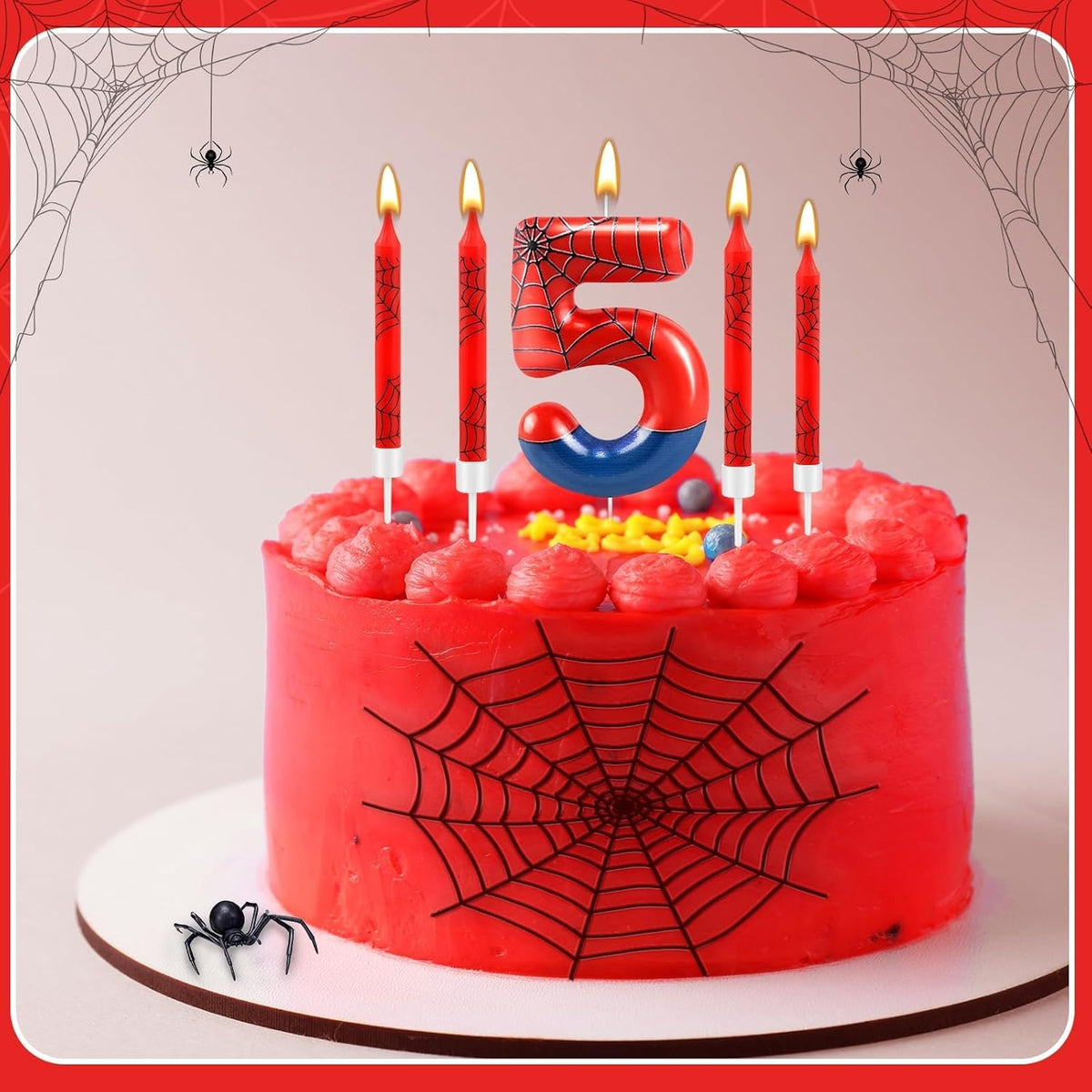 13 Pcs Spider Themed Birthday Candle Set Red Spider Theme Number 5 Candle Cake Topper for Boys Girls Birthday Decoration Spider Party Decoration Supplies (Number 5)