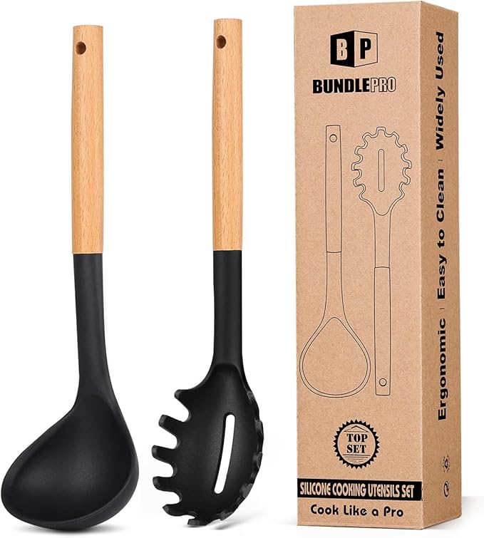 Silicone Pasta Fork and Ladle Spoon Set with Wooden Handle, Heat Resistant Non Stick Kitchen Utensils for Cooking, Stirring, Serving Spaghetti, Soup, Sauce(BLACK)