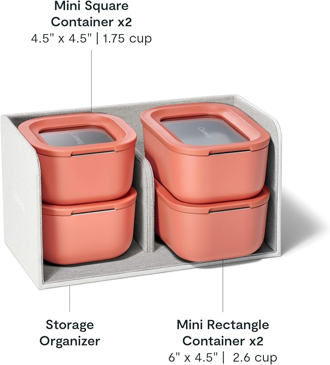 Caraway Mini Food Storage 9pc Set - Glass Storage Containers for Food - Non-Toxic Ceramic-Coated Glass - Air Release Technology - Compact & Stackable Design - Perracotta