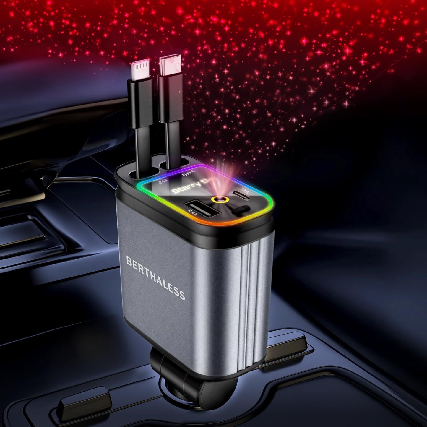Retractable Car Charger, 4-in-1 Fast Charger with USB-C & USB-A