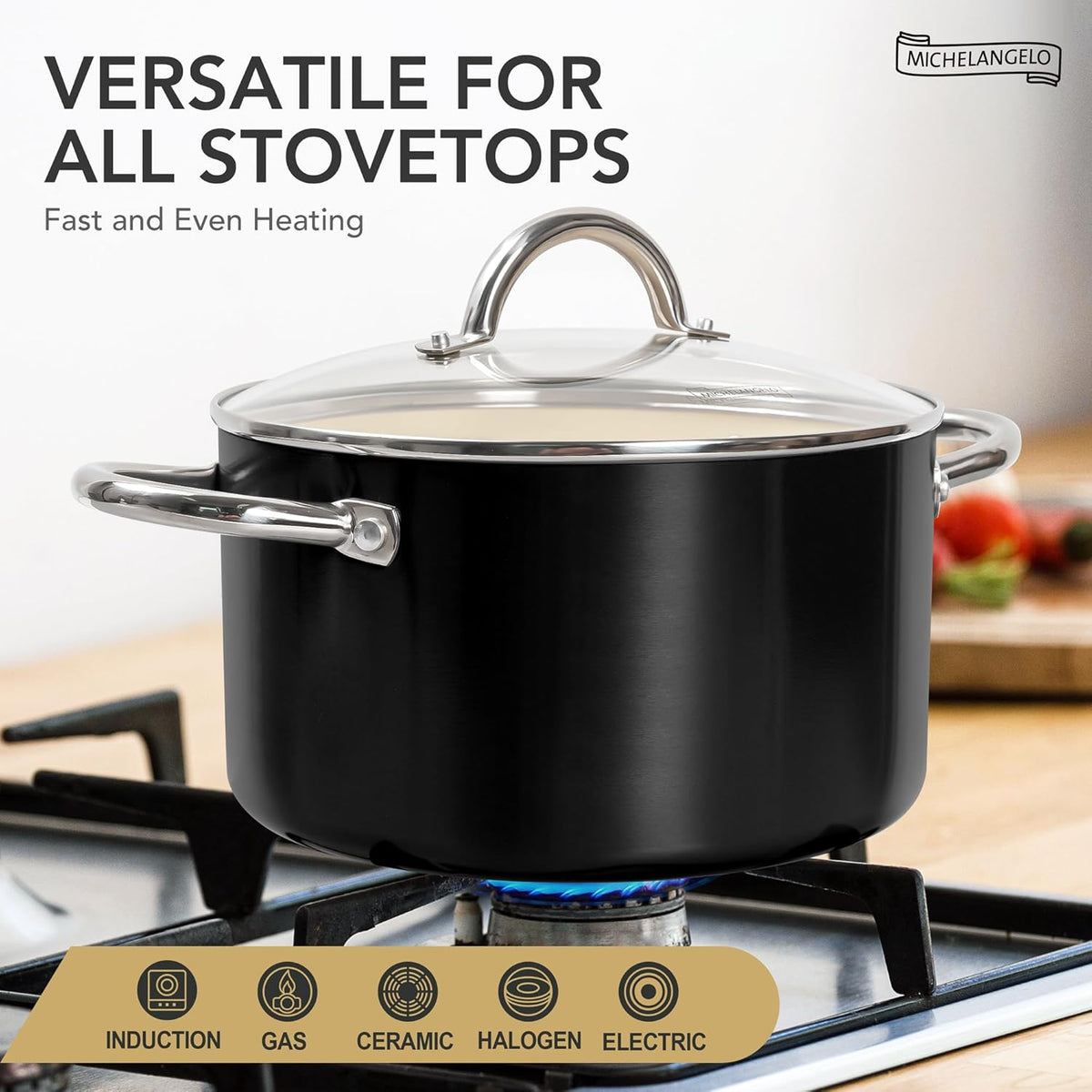 MICHELANGELO Stock Pot with Lid, 6 Quart Cooking Pot with Ceramic Coating, Nonstick Ceramic Soup Pot with Lid, Induction Compatible - 6QT Stockpot, Black