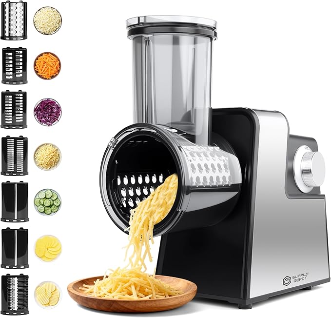Electric Cheese Grater 7 in 1, Stainless Steel Salad Shooter, Electric Food Slicer Shredder Chopper with Rotary Switch, Automatic Grater for Block Cheese Vegetables Cucumber Carrots, 300W Salad Maker