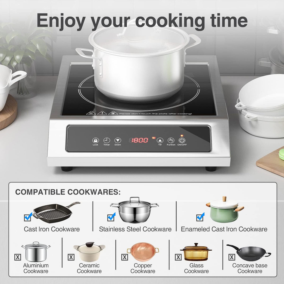1800W Professional Commercial Induction Cooktop: 120V Stainless Steel Countertop Burner for RV, Small Restaurant, Catering Kitchen - Portable Hot Plate with 3-Hour Timer, Touch Panel