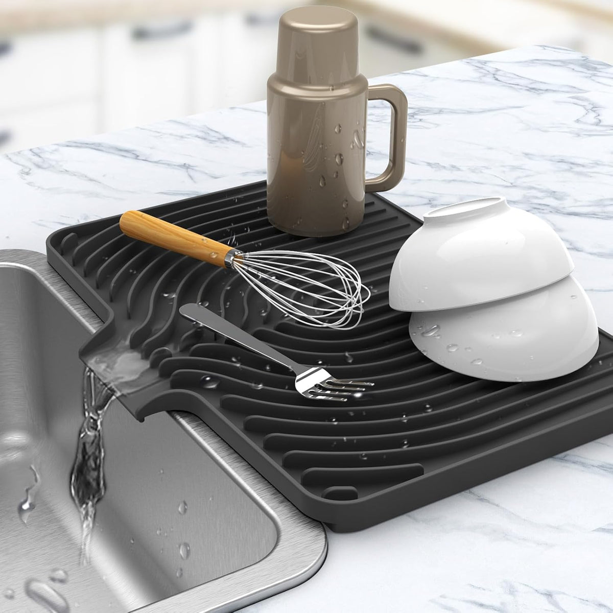 Kitchen Drying Mat for sink with a bulged edge,18"×12"Silicone Dish Drying Mat with built-in Drain Spout, Rubber Dish Mat for Kitchen (18"×12"black)