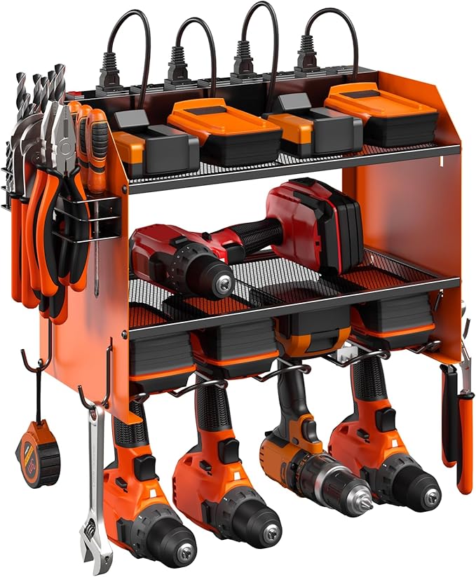 CCCEI Modular Power Tool Organizer Wall Mount with Charging Station. Garage Drill Storage Shelf with Hooks, Heavy Duty Rack, Tool Battery Holder Built in 8 Outlet. Gift for Men. Orange, 1 Pack.