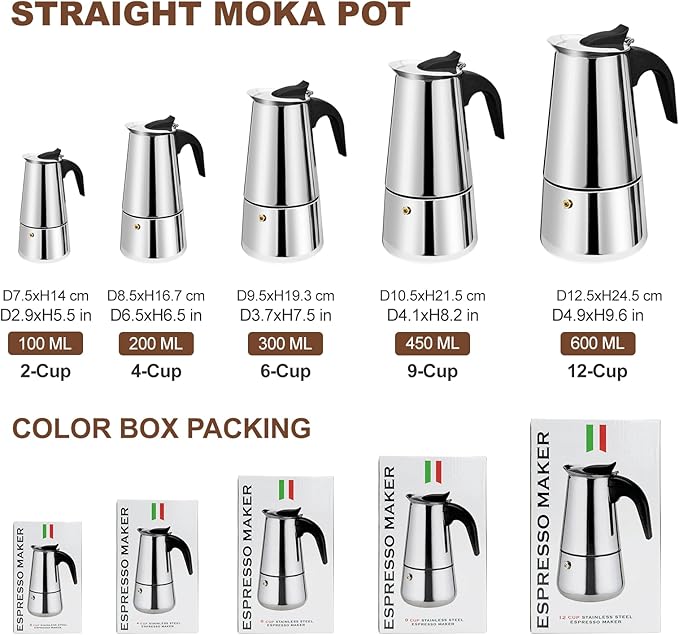 6 Cup Stovetop Espresso Maker Stainless Steel Moka Pot Stove Top Percolator Italian Coffee Makers Capable Mocha Greca Machine Cafe Classic Induction Cookers for Home and Camping 300ml 10oz