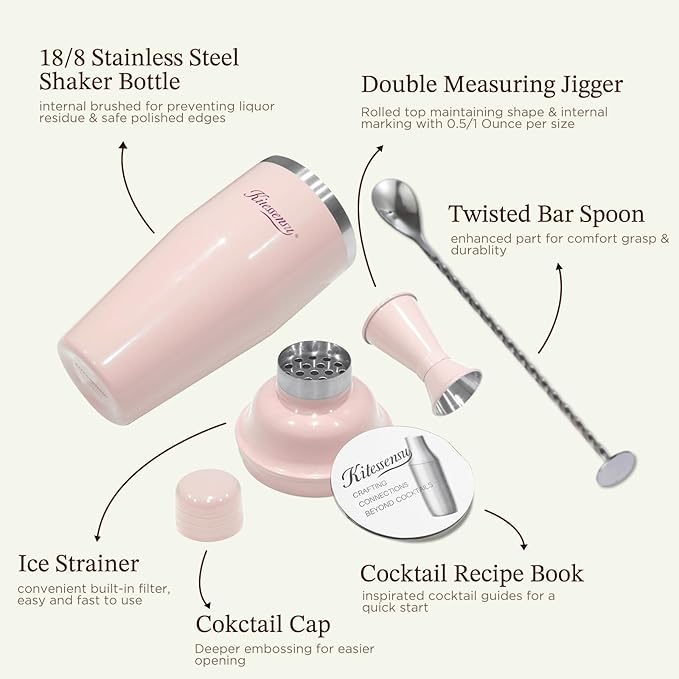 KITESSENSU Cocktail Shaker Set, Stainless Steel Martini Shaker with Bartender Strainer, Measuring Jigger, Bar Mixing Spoon, Cocktail Recipe Included, Pink