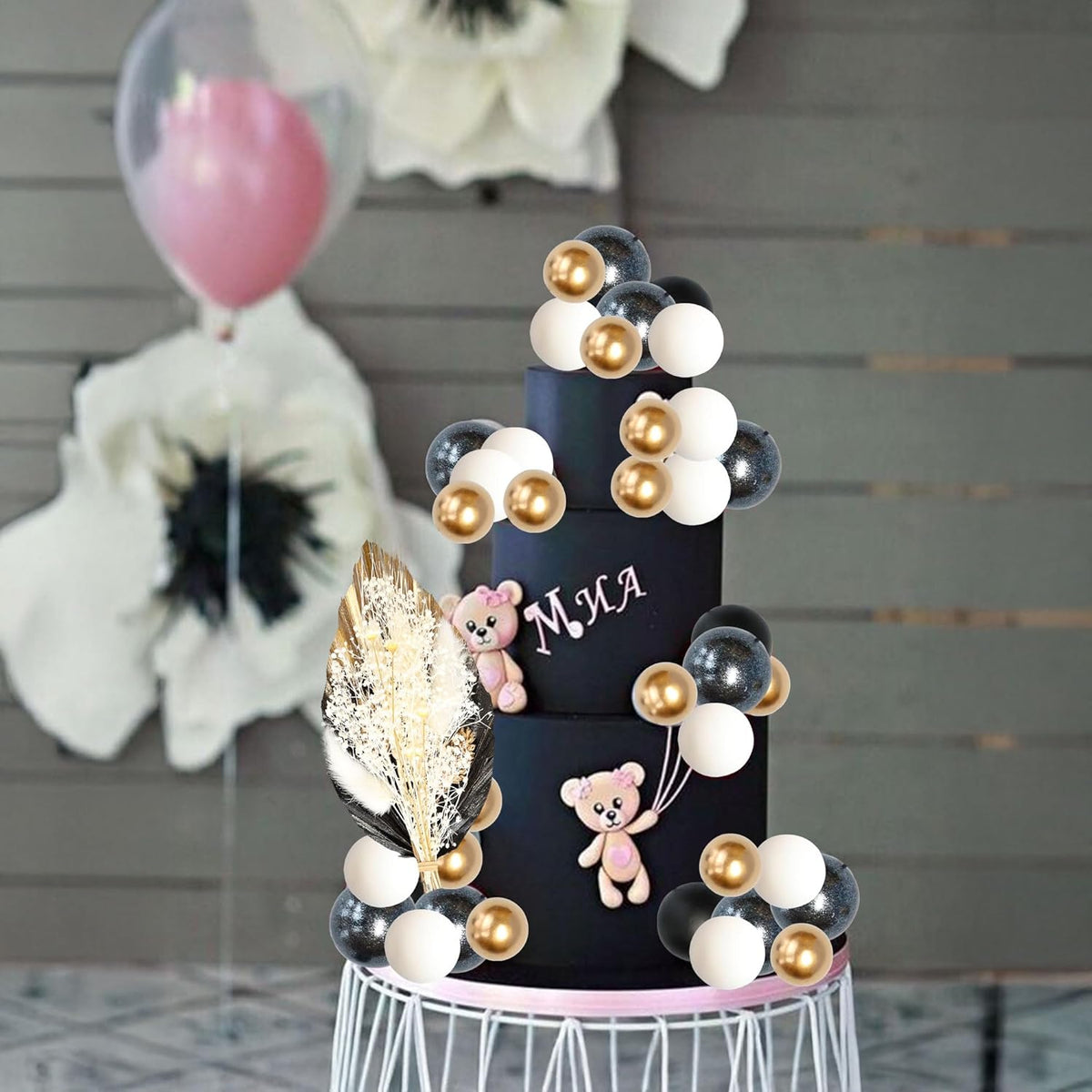 Gyufise 21 Pack Flower Boho Cake Topper Ball Cake Decorations Palm Leaves Plants Cake Decor for Girl Bohemian Princess Theme Wedding Baby Shower Birthday Party Supplies Black Gold