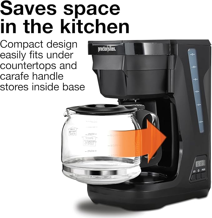 Proctor Silex FrontFill Drip Coffee Maker, Digital & Programmable, 12 Cup Glass Carafe, Black and Silver (43685PS)