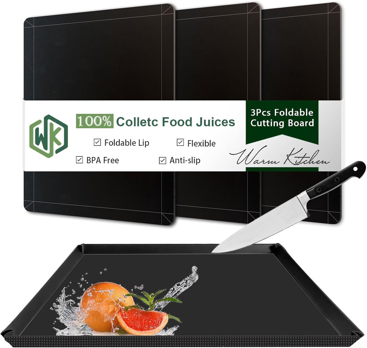 WK Flexible Plastic Cutting Boards Mats with Lip, Foldable Cutting Board for Kitchen Set of 3, Black Cutting Boards for Meat, Nonslip Cutting Mats Sheets, BPA Free, Dishwasher Safe
