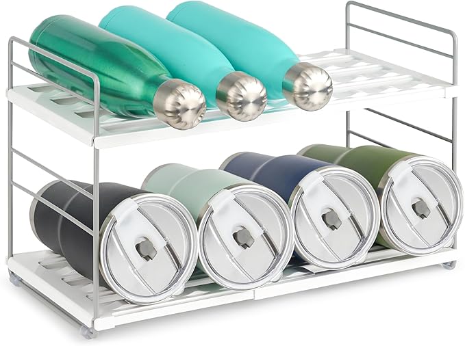 Water Bottle Organizer For Cabinet, Adjustable Tumbler Storage, Expandable Water Bottle Holder For Kitchen Organization, 2 Tier Cup Organizer For Sports Flask Insulated Travel Mug Fridge, White