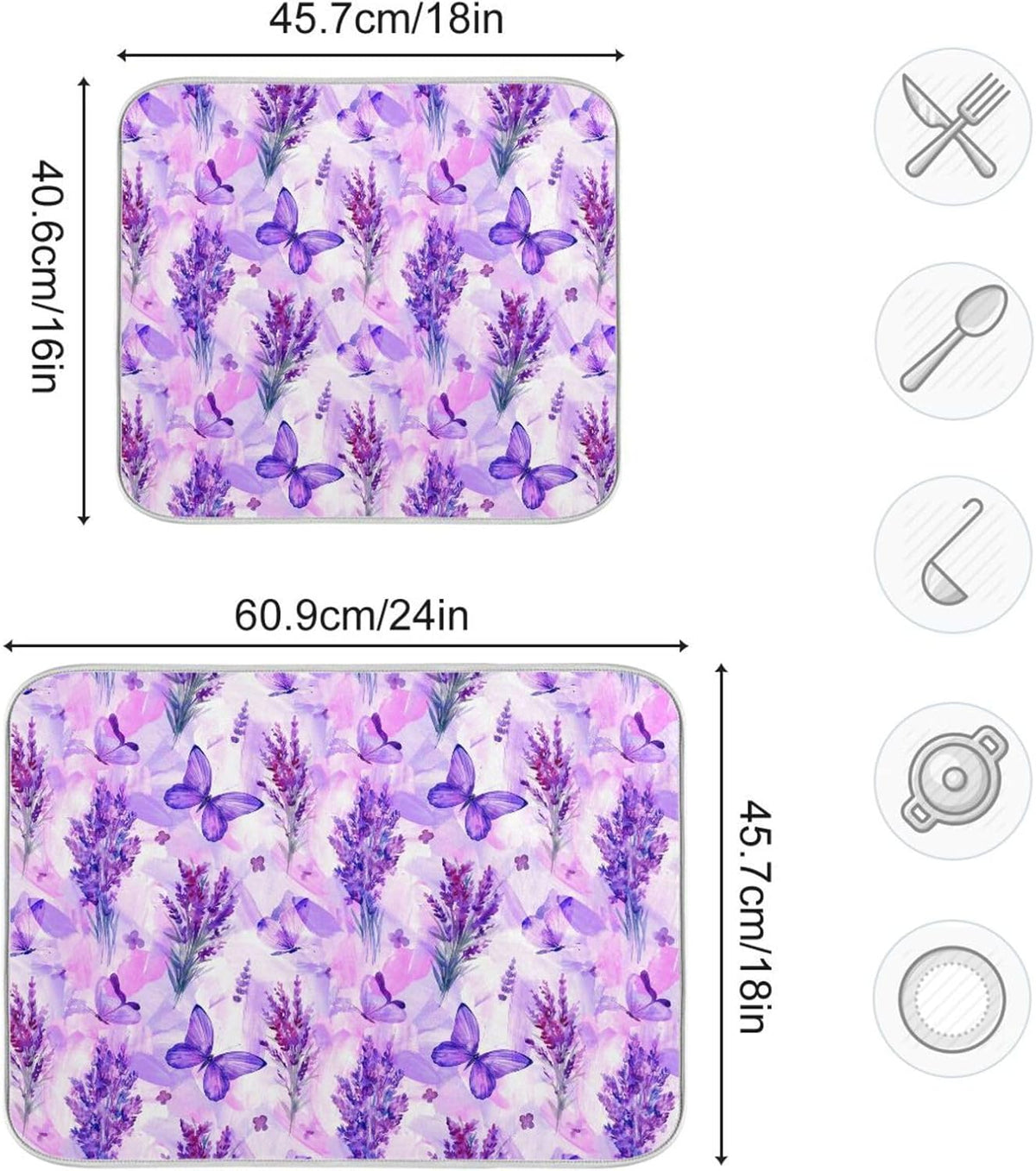 Purple Lavender Butterfly Dish Drying Mat for Kitchen Counter Absorbent Microfiber Drying Pad, Large 18x24 in, Reversible Drainer Mats