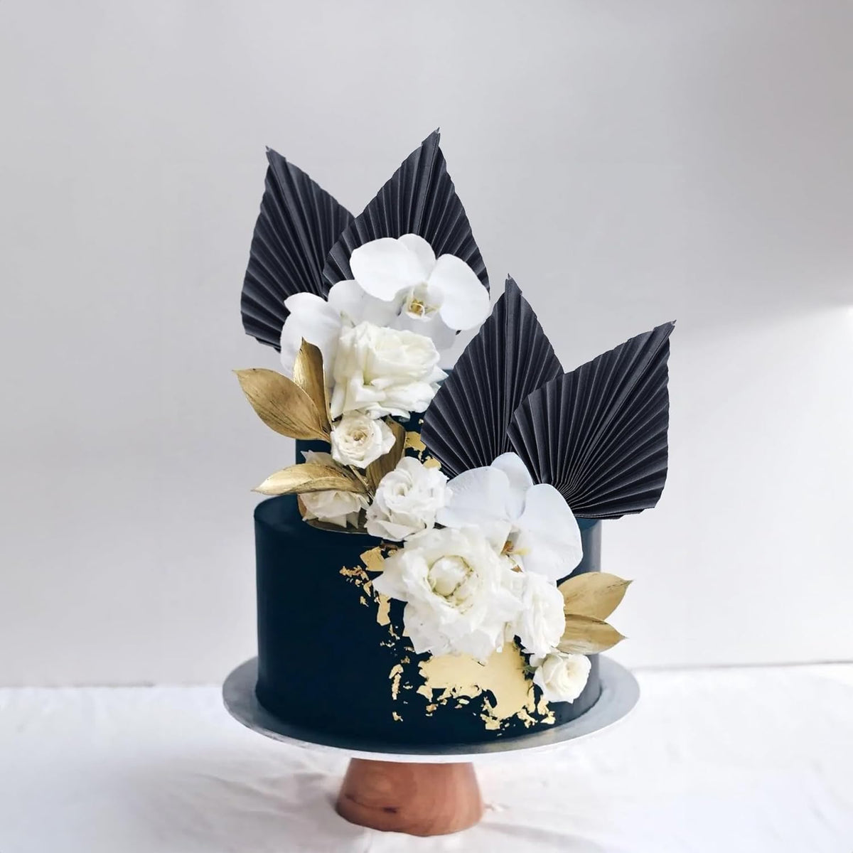 Gyufise 6Pcs Paper Palm Fan Cake Toppers Palm Spear Leaves Fan Cupcake Toppers Cake Insert Decorations Craft DIY Cake Bakeware Decoration for Birthday Party Wedding Party Decor Supplies Black