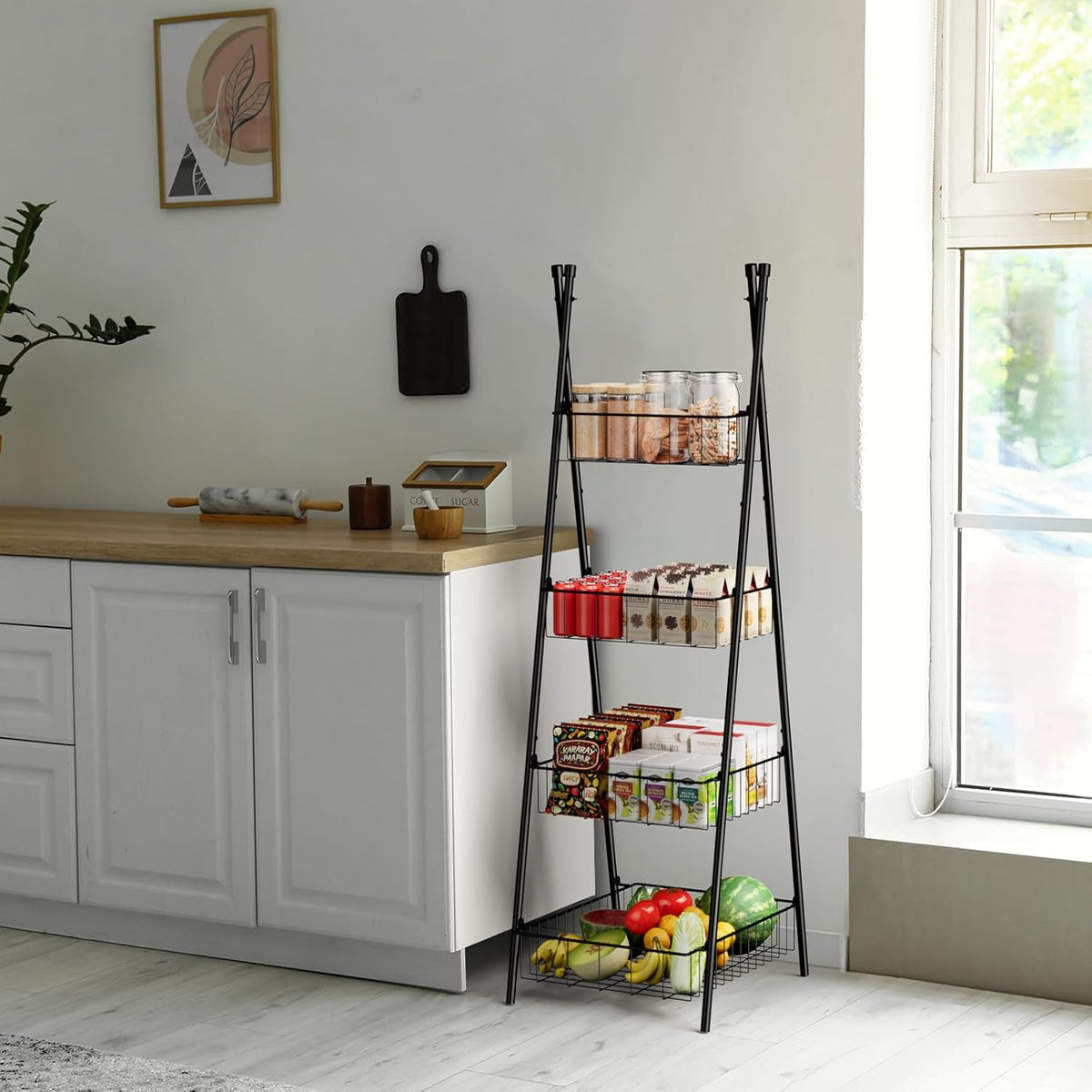 Wire Basket Stand for Kitchen and Bathroom 4 Tier Fruit Storage Basket Metal Floor Standing Vegetable Holder, Black