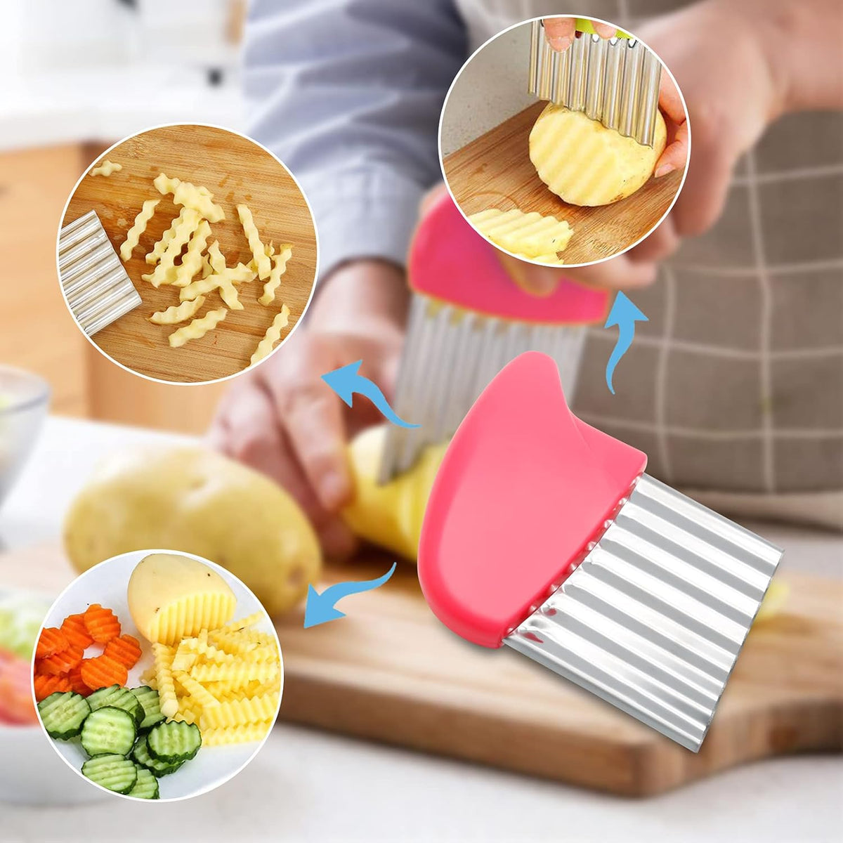 Luomorgo Stainless Steel Potato Crinkle Cutter Carrot Wavy Knife French Fry Slicer Vegetable Wavy Chopper, Pink