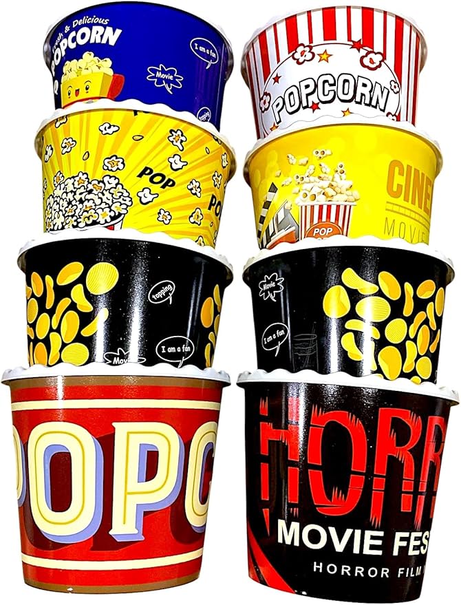 Modern Style Reusable Plastic Popcorn Box/Popcorn Containers/Popcorn Bowls Set for Movie Theater Night - (BPA Free - 8 Pack - 75 oz) (Mix 8-V)