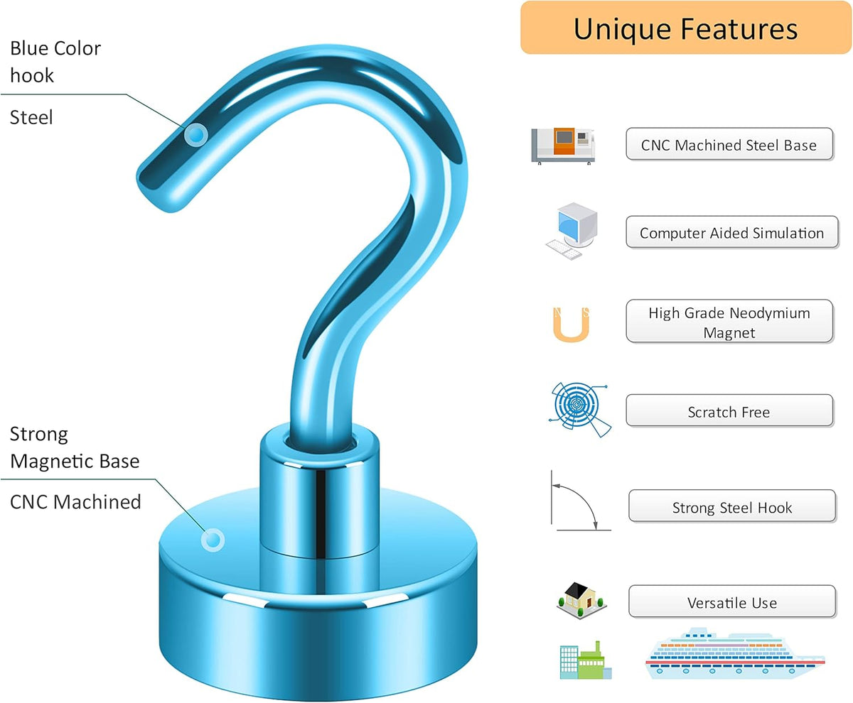 Neosmuk Magnetic Hooks,30lb+ Heavy Duty Earth Magnets with Hook for Refrigerator, Extra Strong Cruise Hook for Hanging, Magnetic Hanger for Cabins, Grill (Blue, Pack of 10)