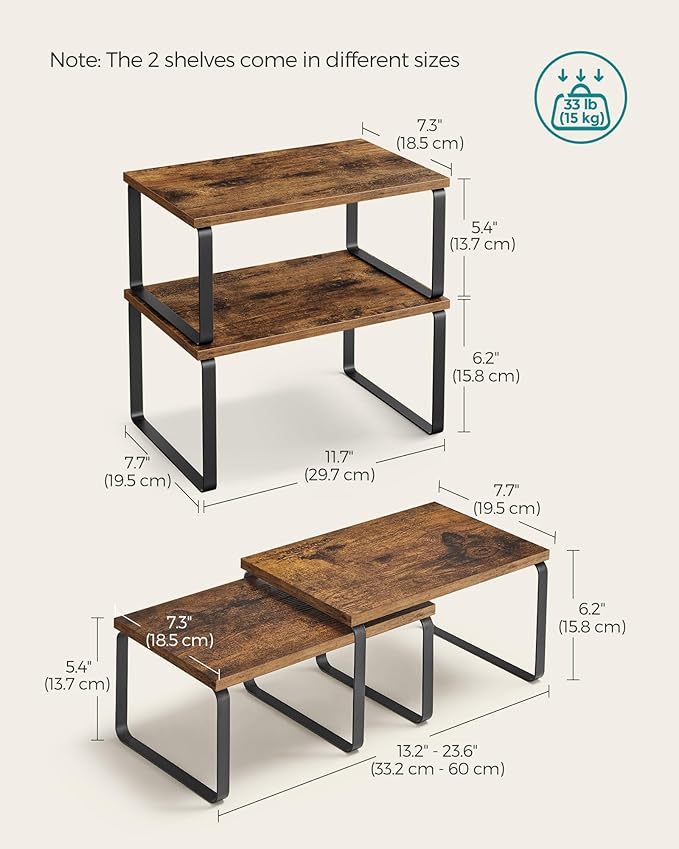 SONGMICS Cabinet Organizer Shelf, Set of 4 Kitchen Counter Shelves, Kitchen Storage, Spice Rack, Stackable, Expandable, Metal and Engineered Wood, Ink Black and Rustic Brown UKCS021X01