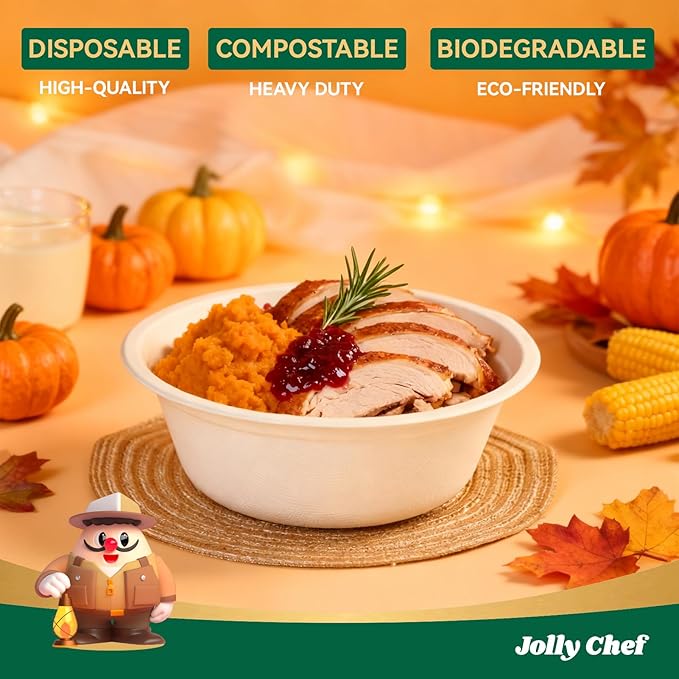 JOLLY CHEF Compostable Disposable Paper Bowl [16 oz] Heavy Duty Soup Containers [150 Pack] Biodegradable Bagasse Hot Cold Food Eco-Friendly Sugarcane Microwavable Bowls for Salad Milk Thanksgiving Day