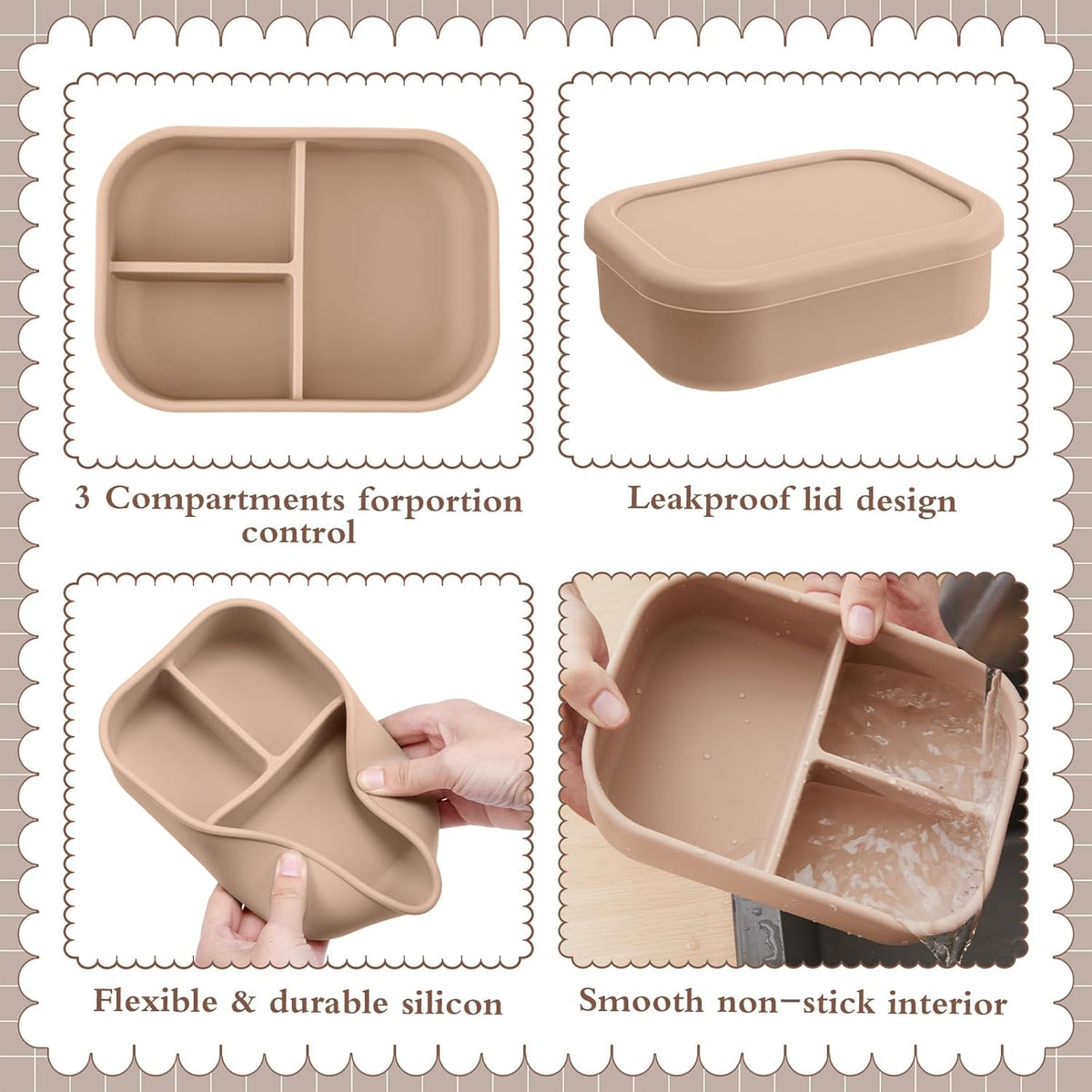 Honeydak 4 Pcs Silicone Bento Lunch Box 3 Compartment Reusable Leakproof Silicone Bento Lunch Container for Adults Microwave Dishwasher Freezer Safe(Bohemian Color)