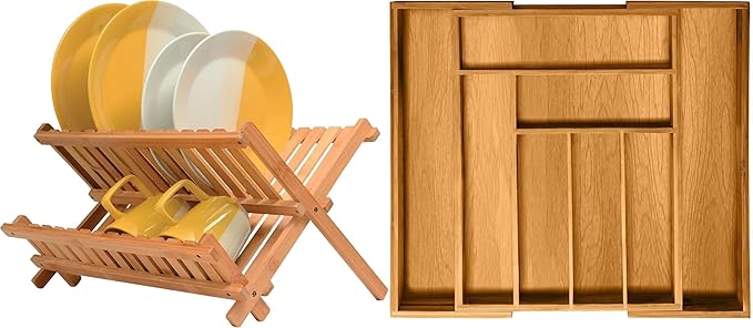 Bamboo Dish Rack and Expandable Drawer Organizer Set Bundle