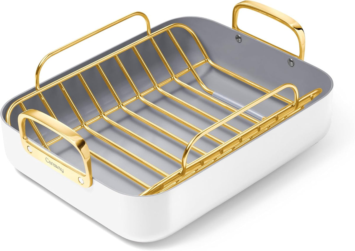 Caraway Roasting Pan - 16x13” Roasting Pan with Rack - Non-Stick Ceramic Coated - Non Toxic, PTFE & PFOA Free - Oven Safe & Compatible with All Stovetops - White