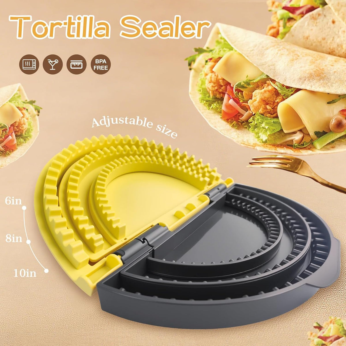 3-in-1 Tortilla Sealer, Tacos Tortilla Crimper Maker, Adjustable Size, For 6"-12" Crust, Make Sealed Quesadillas,Tacos, Burritos, Sandwich & More, BPA-Free, Dishwasher Safe, Yellow & Black